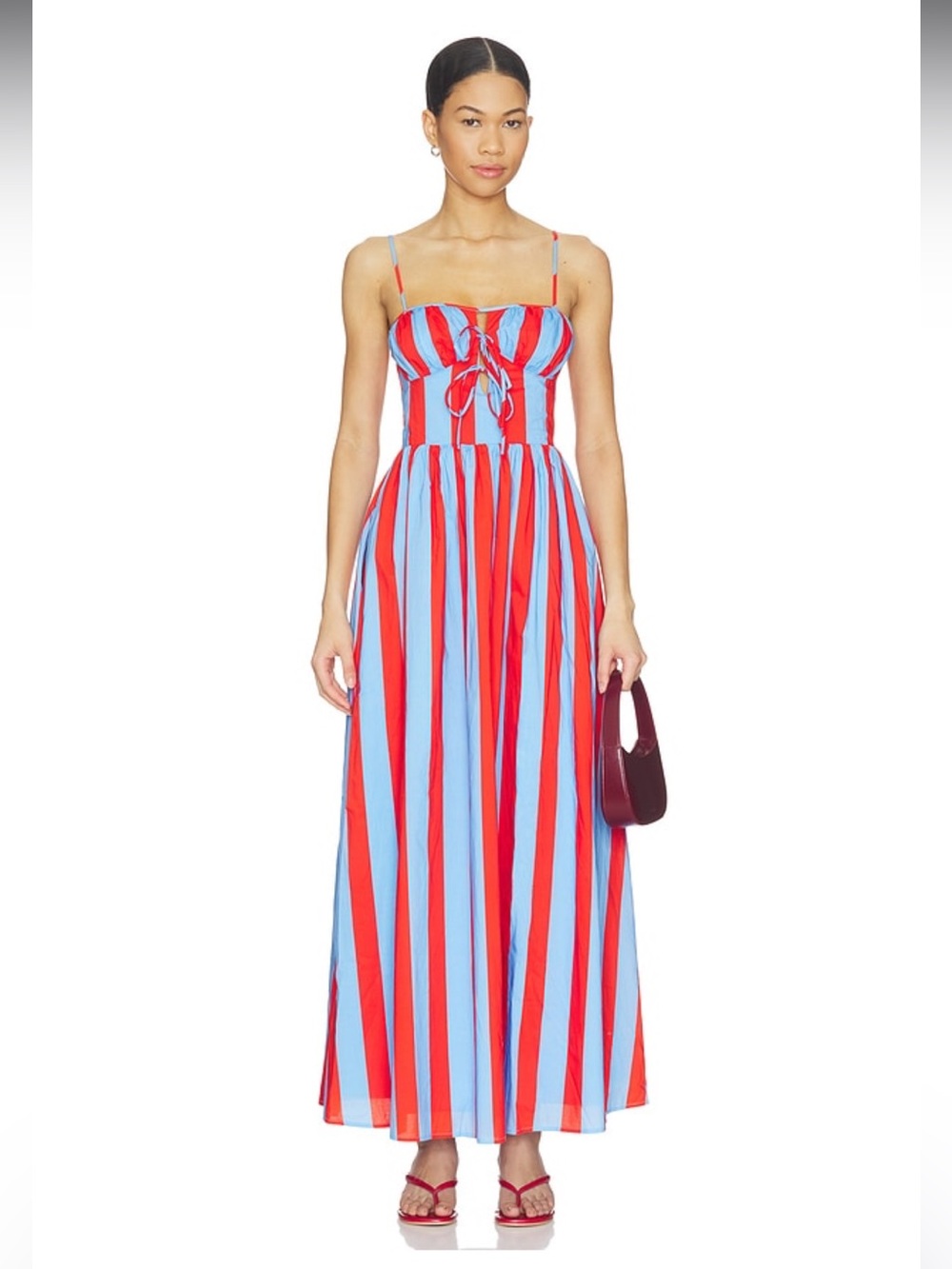 line & dot primo blue & red stripe tie front maxi summer sun dress size large